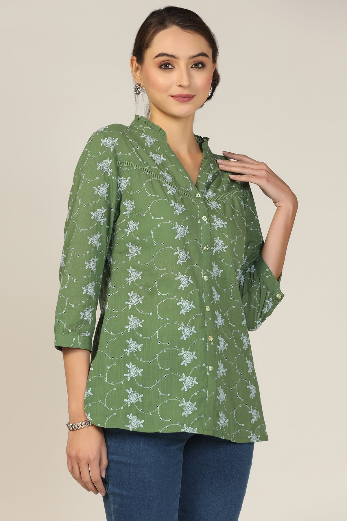 Sea Green Cotton Schiffli Printed Shirt - Image 6
