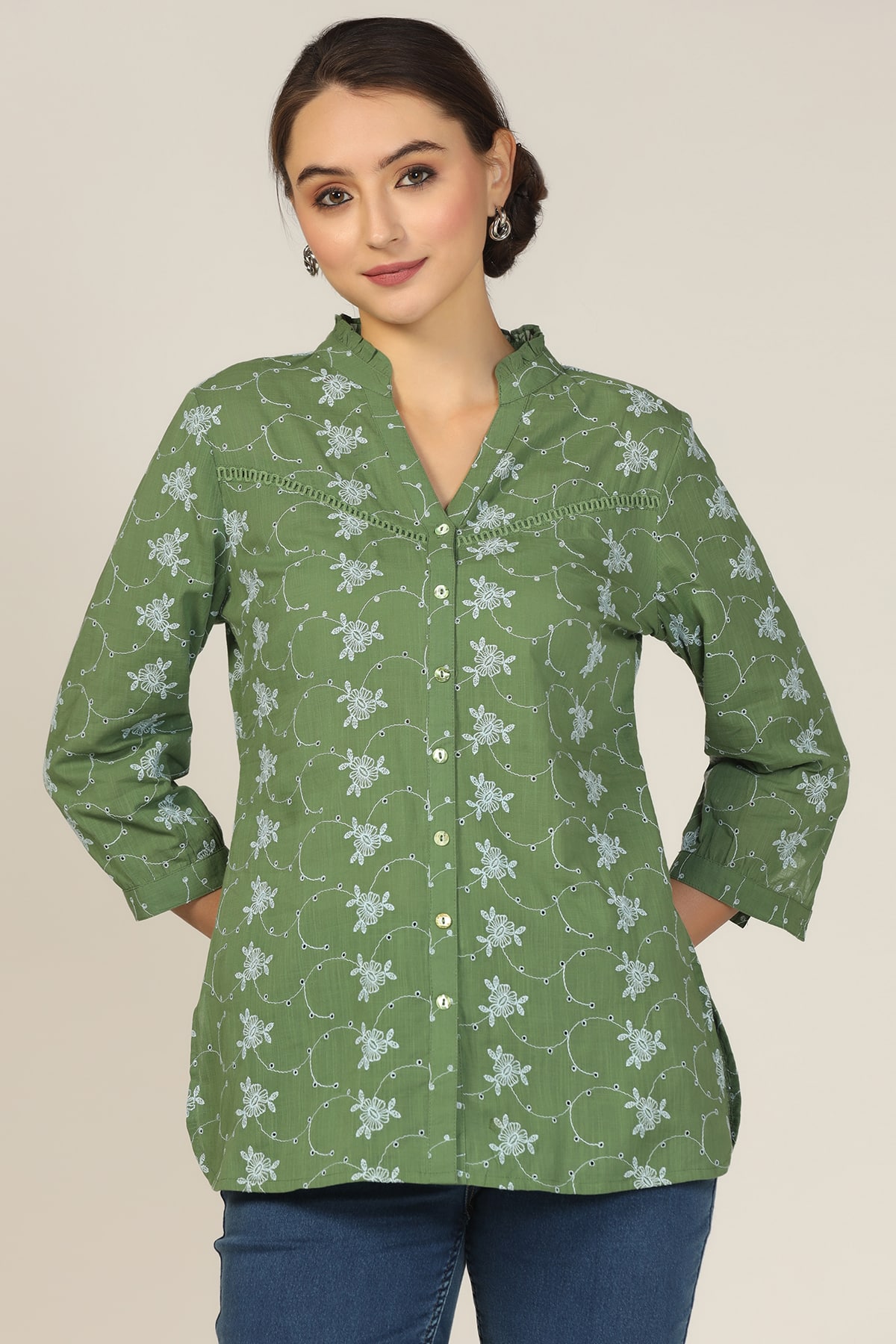 Sea Green Cotton Schiffli Printed Shirt - Image 5