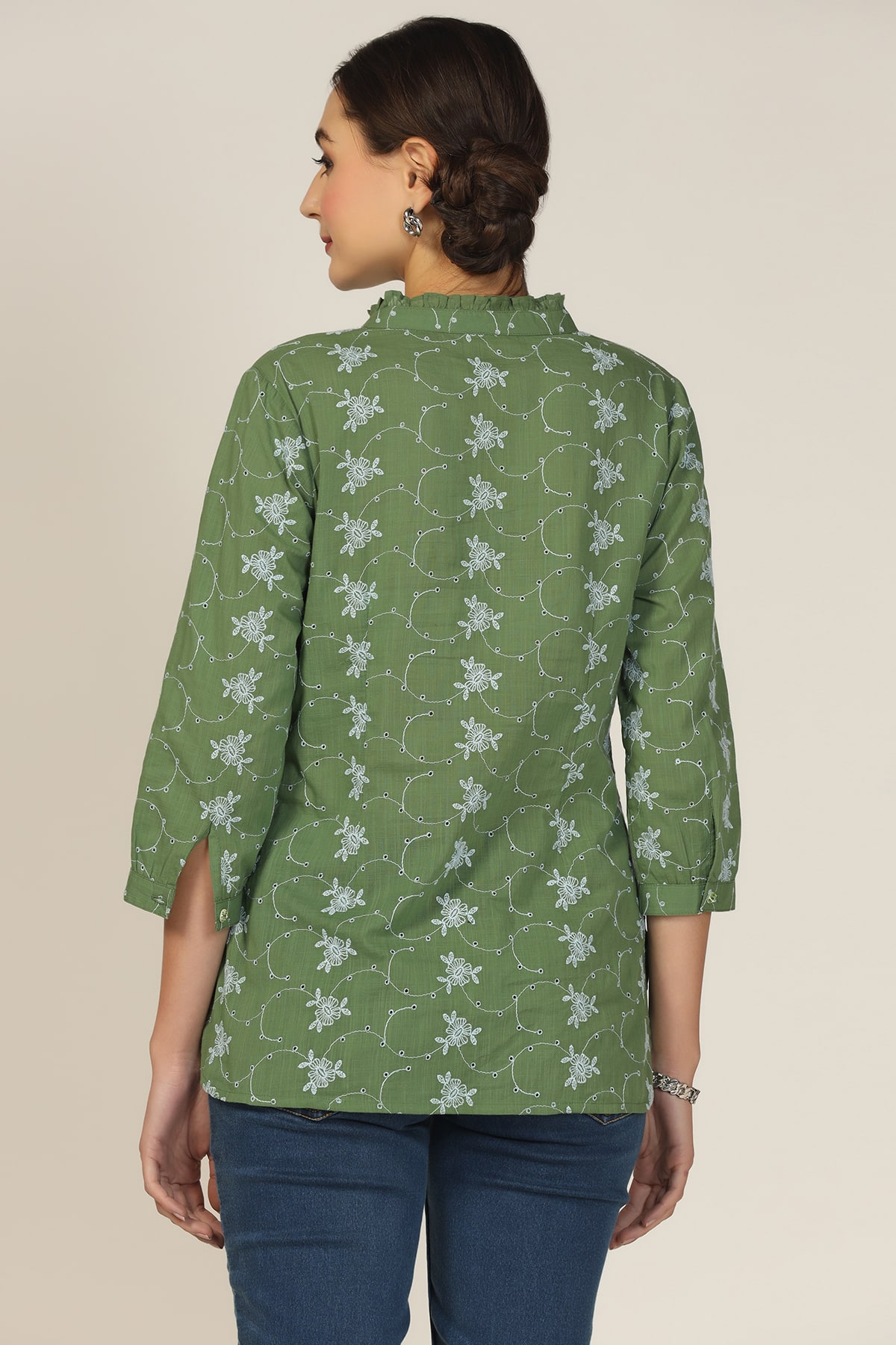 Sea Green Cotton Schiffli Printed Shirt - Image 4