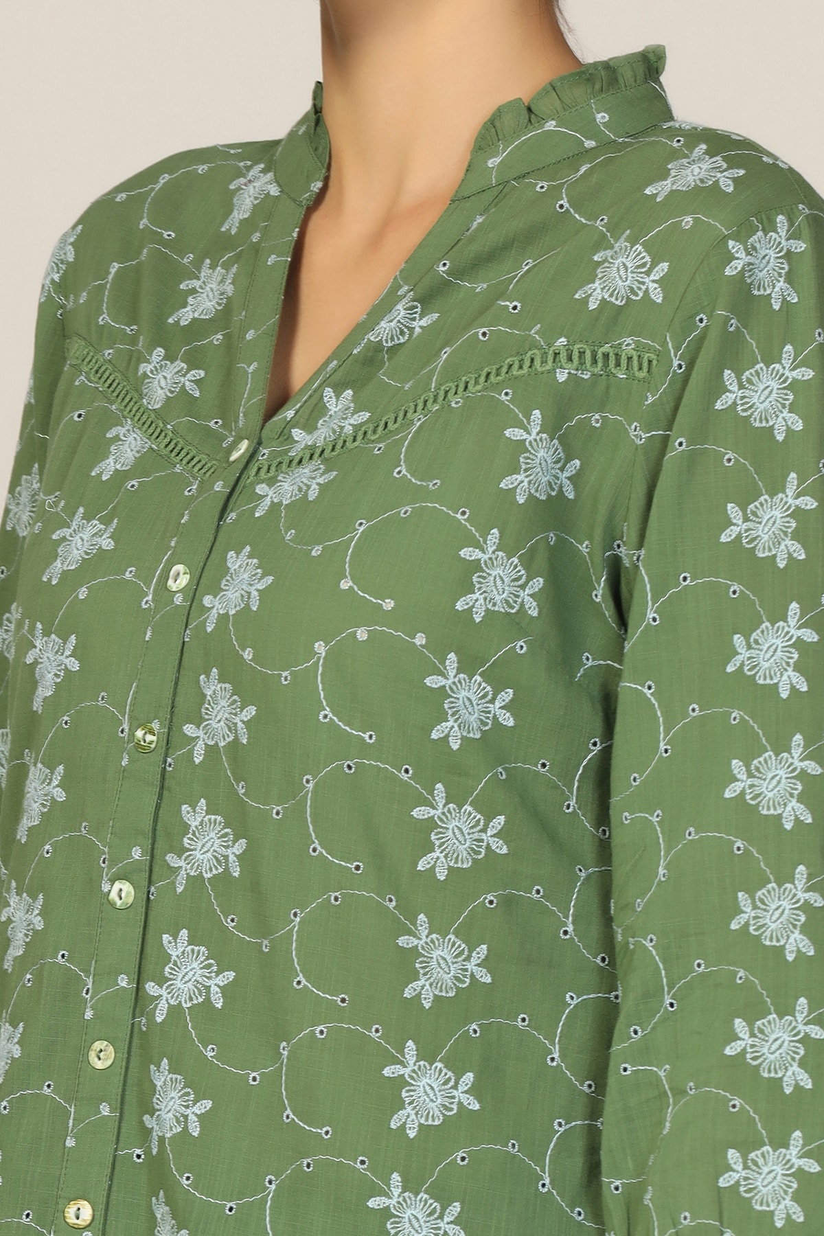 Sea Green Cotton Schiffli Printed Shirt - Image 3