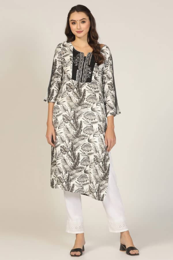 Embroidered Black And White Kurta For Woman