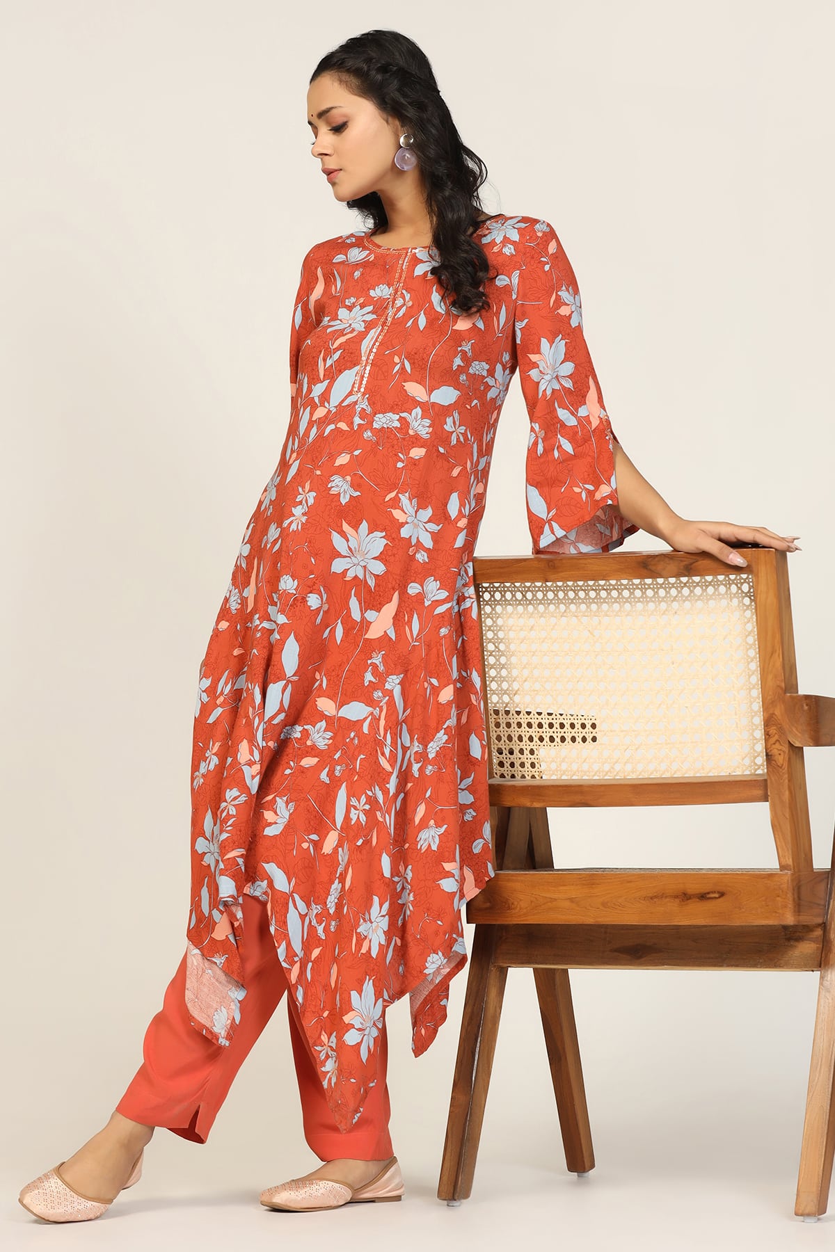 Printed Orange Kurti For Women