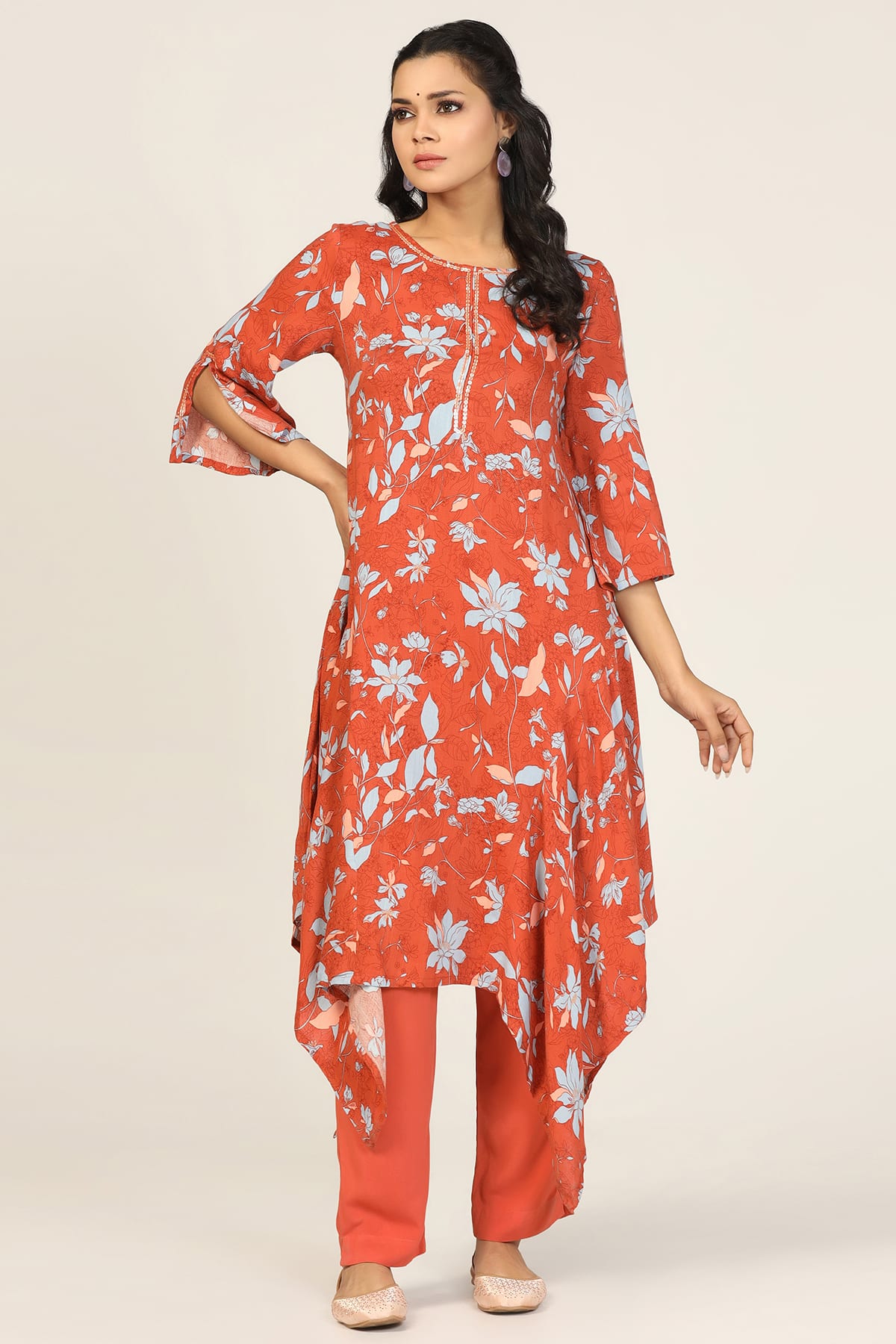 Printed Orange Kurti For Women