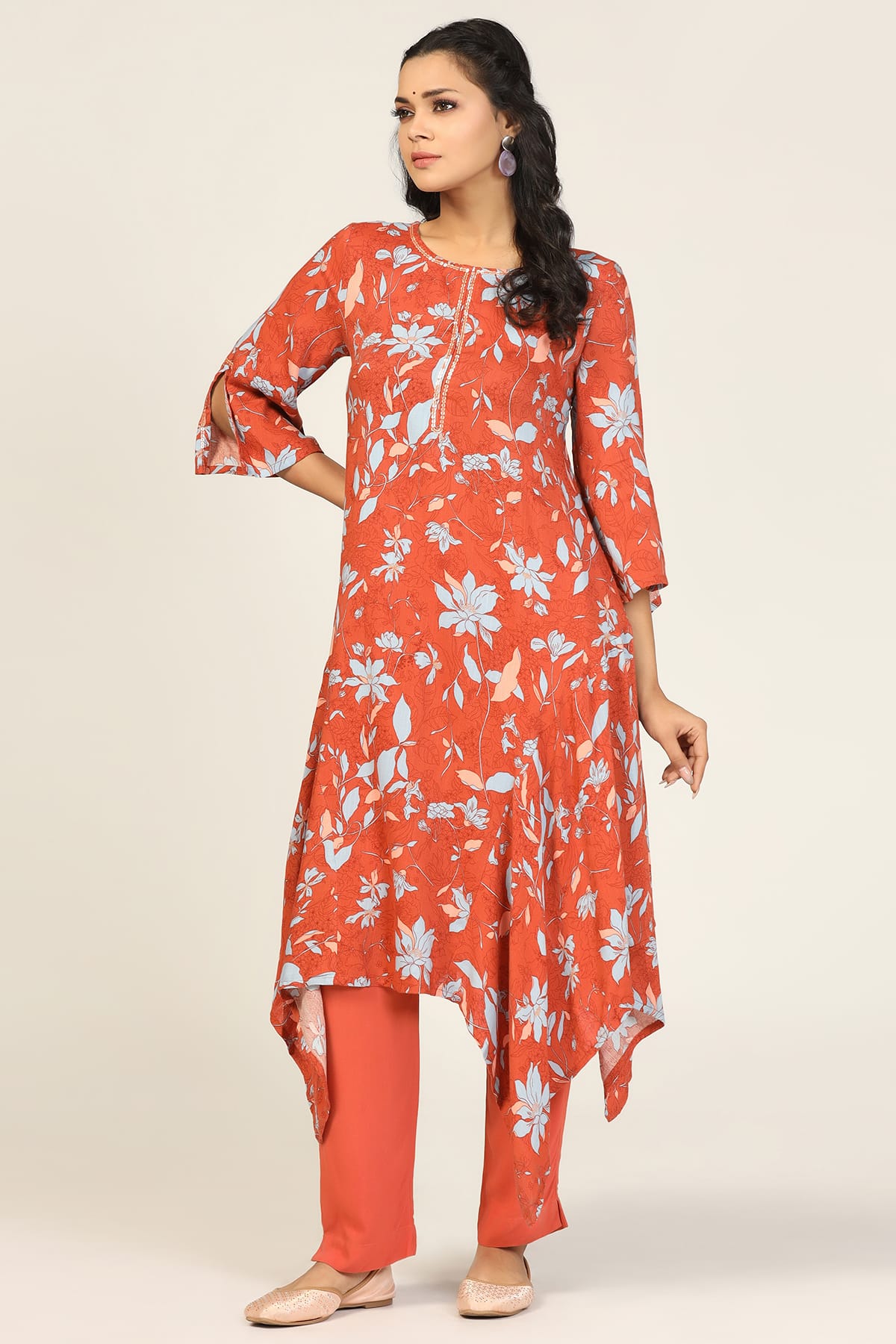 Printed Orange Kurti For Women