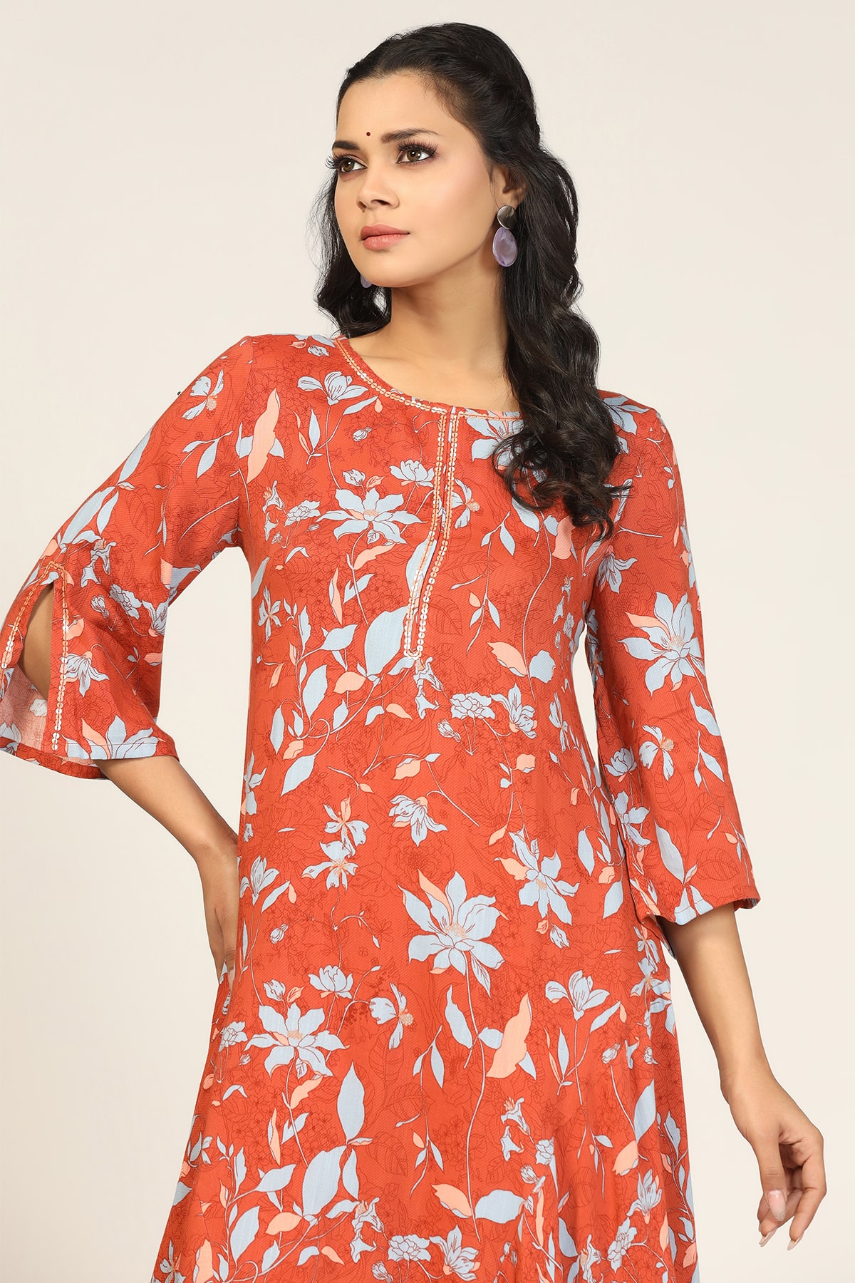 Printed Orange Kurti For Women