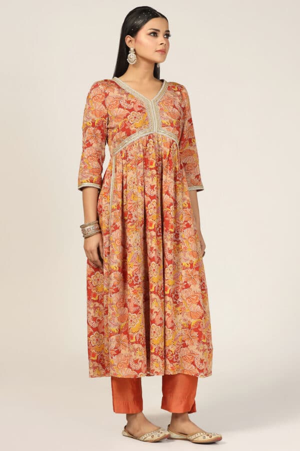 Rust Chiffon Embroidered Flared Kurti