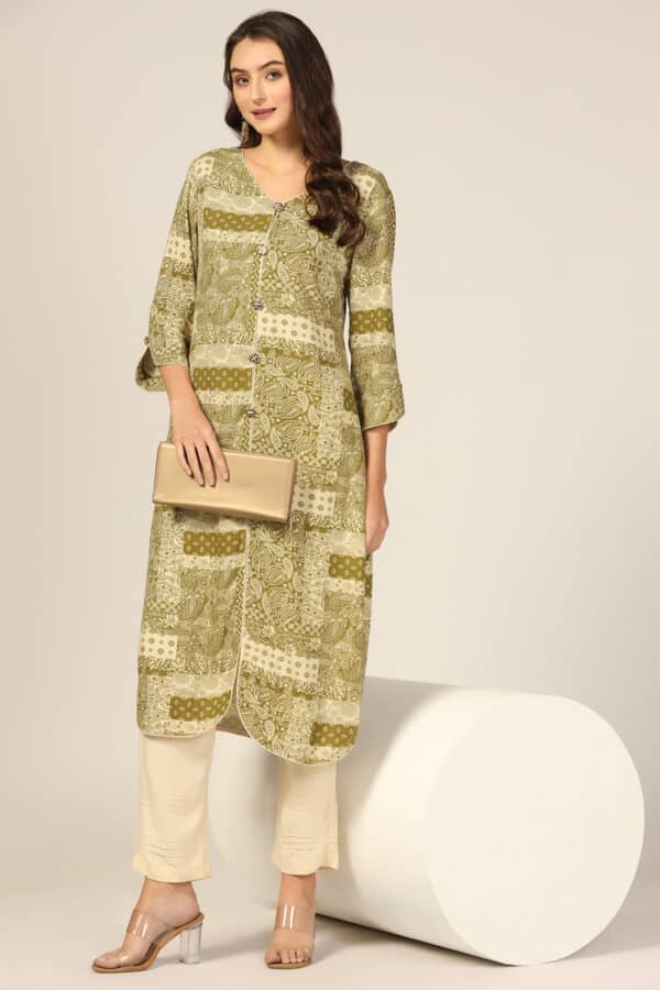 Printed Olive Green Kurta For Women