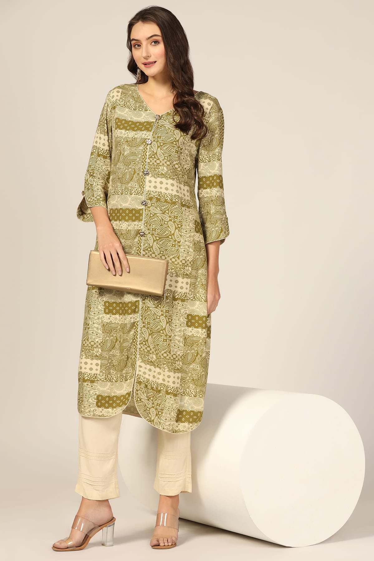 Printed Olive Green Kurta For Women