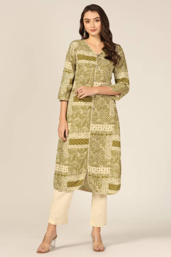 Printed Olive Green Kurta For Women