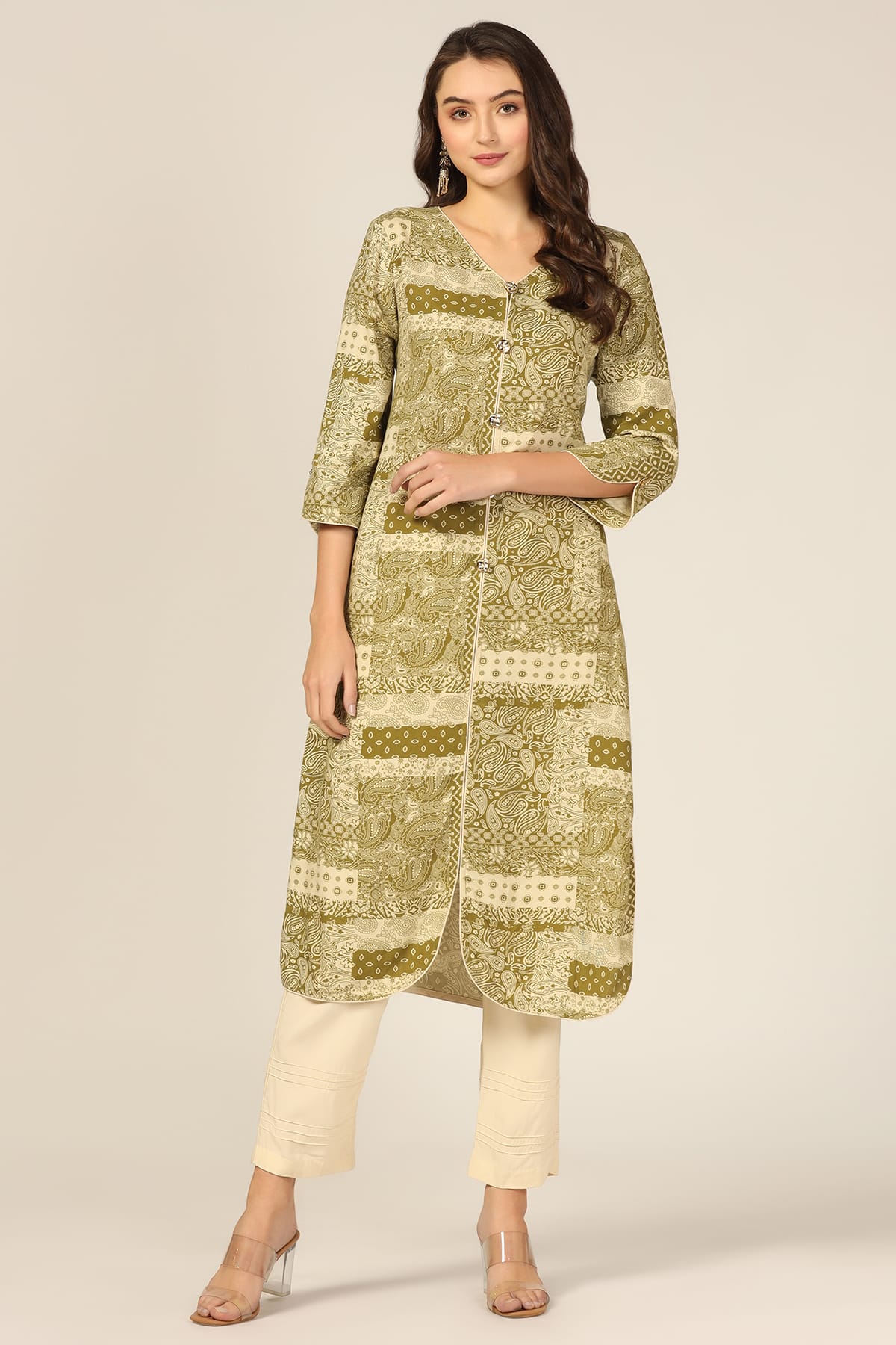 Printed Olive Green Kurta For Women