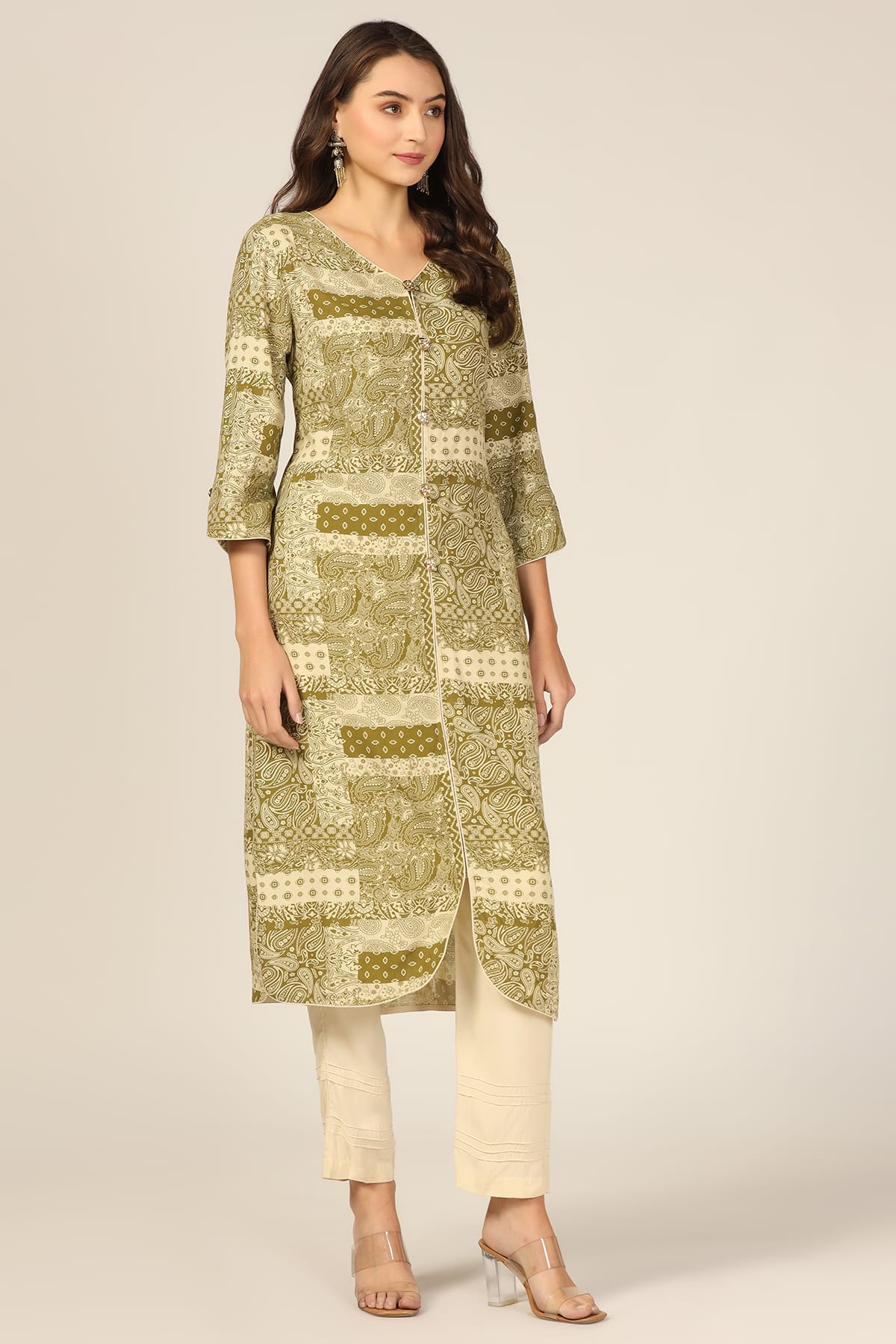 Printed Olive Green Kurta For Women