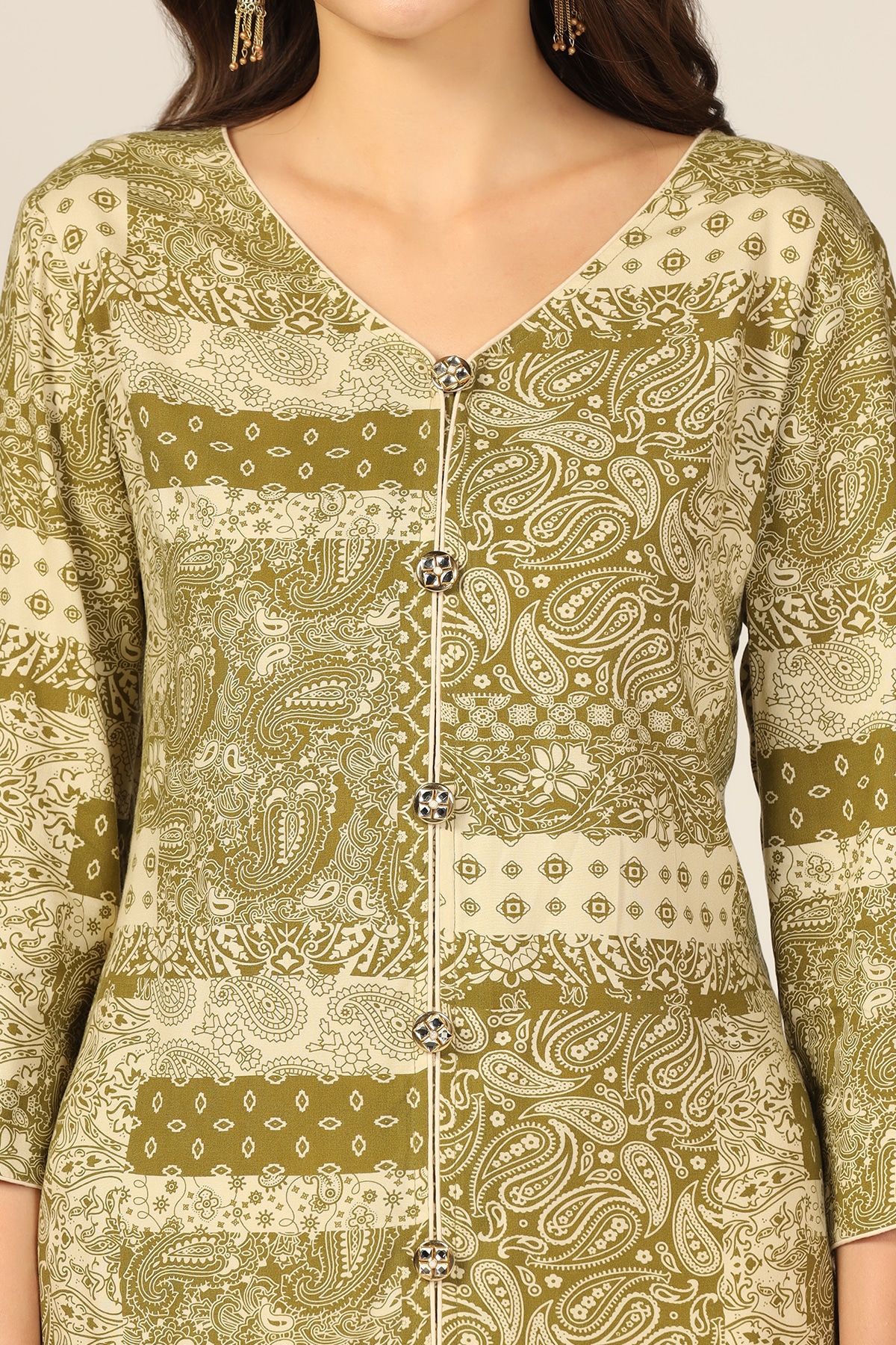 Printed Olive Green Kurta For Women