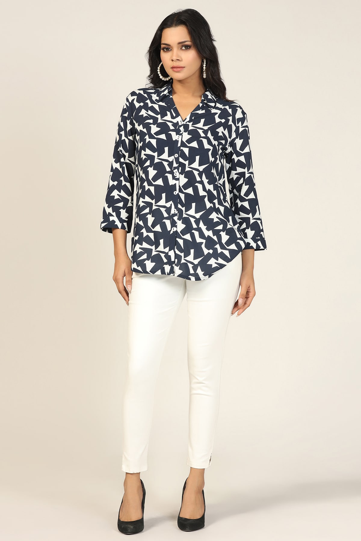 Printed Blue And White Shirt Women