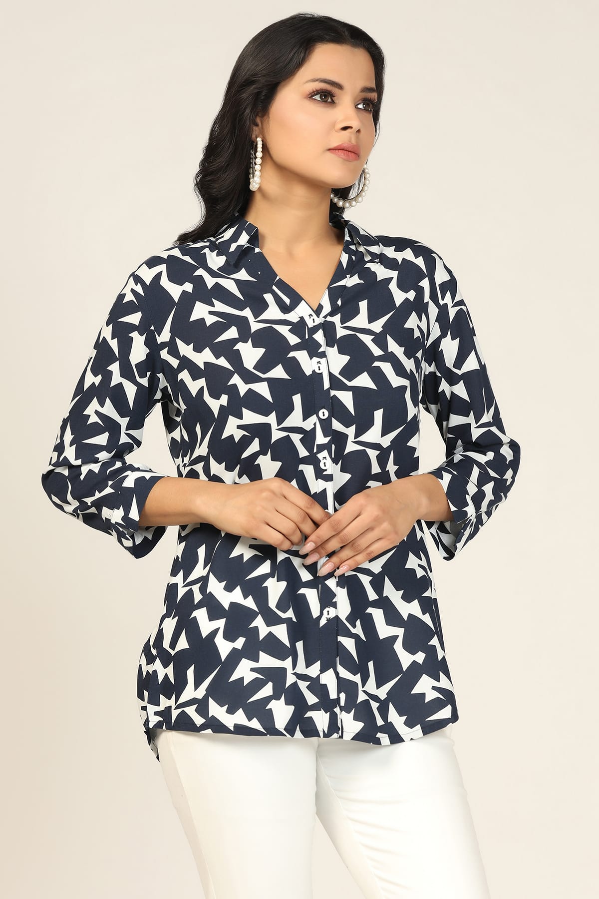 Printed Blue And White Shirt Women