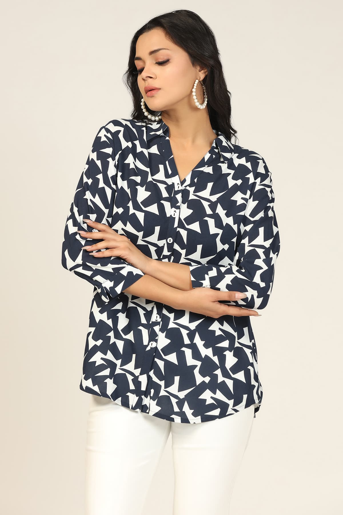 Printed Blue And White Shirt Women