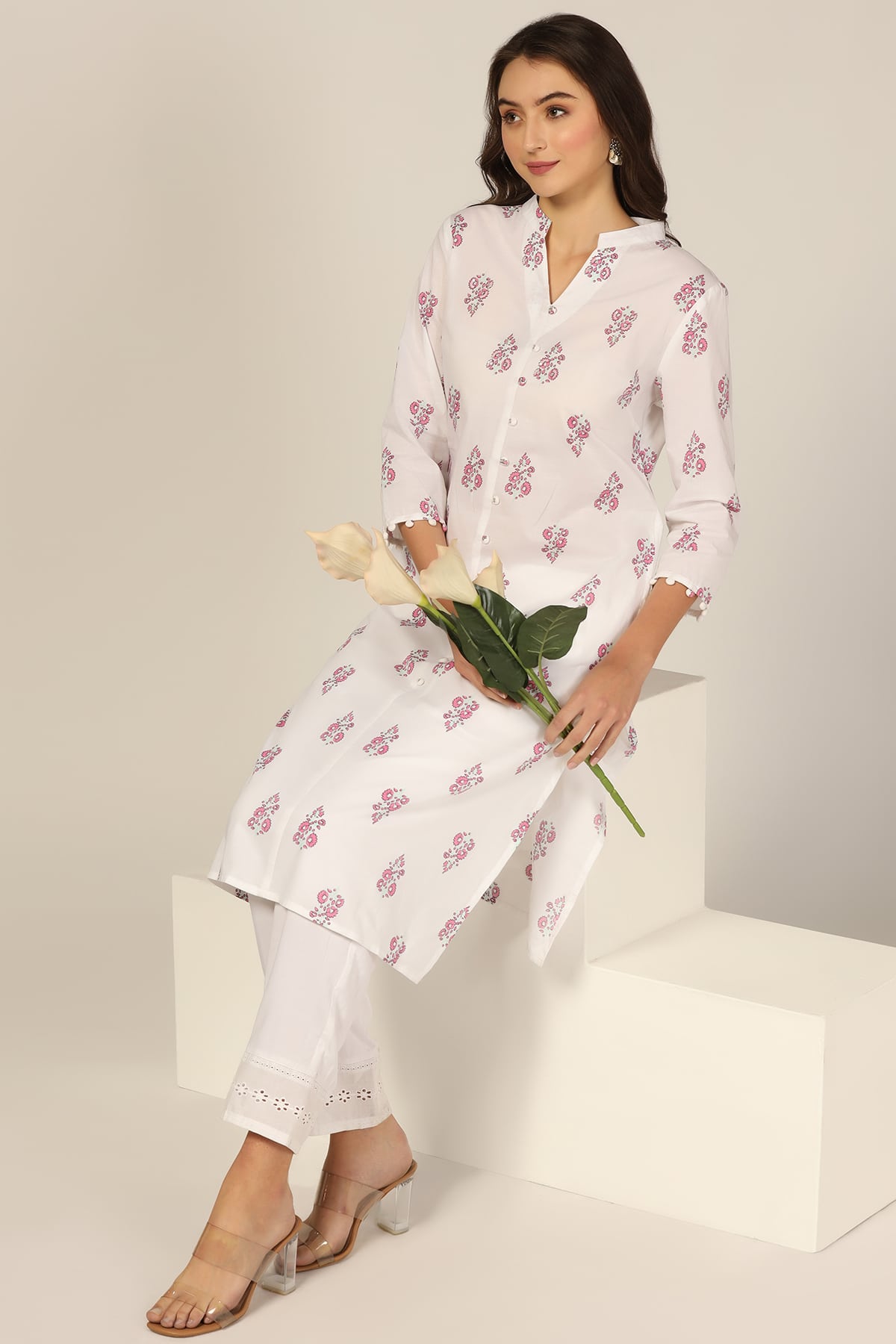 Printed White Cotton Kurta Women's