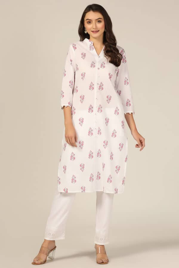 Printed White Cotton Kurta Women's