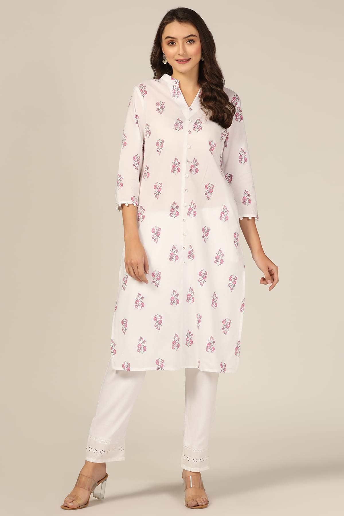 Printed White Cotton Kurta Women's