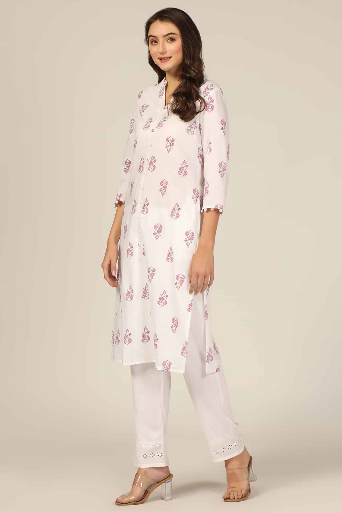 Printed White Cotton Kurta Women's