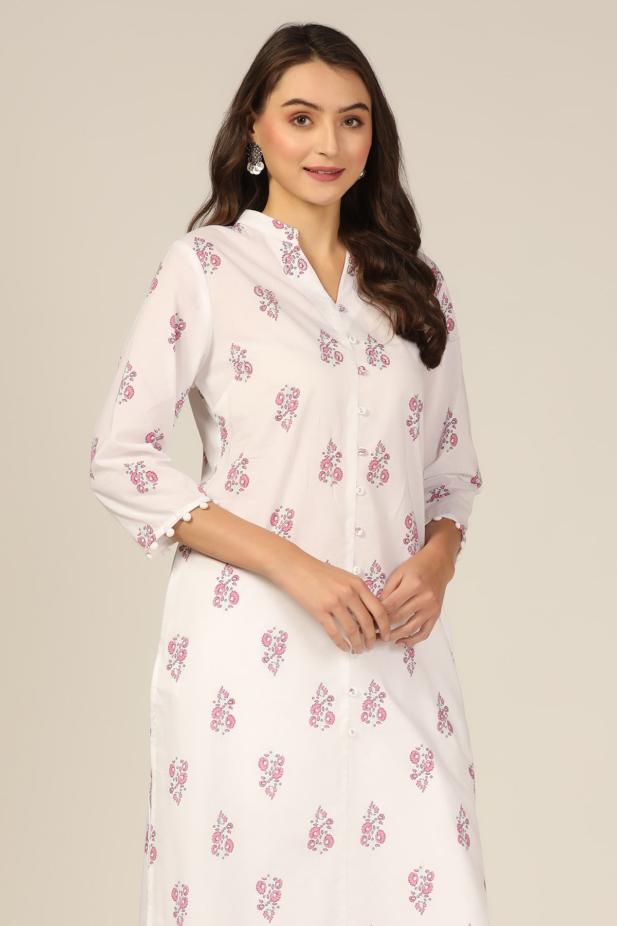 Printed White Cotton Kurta Women's