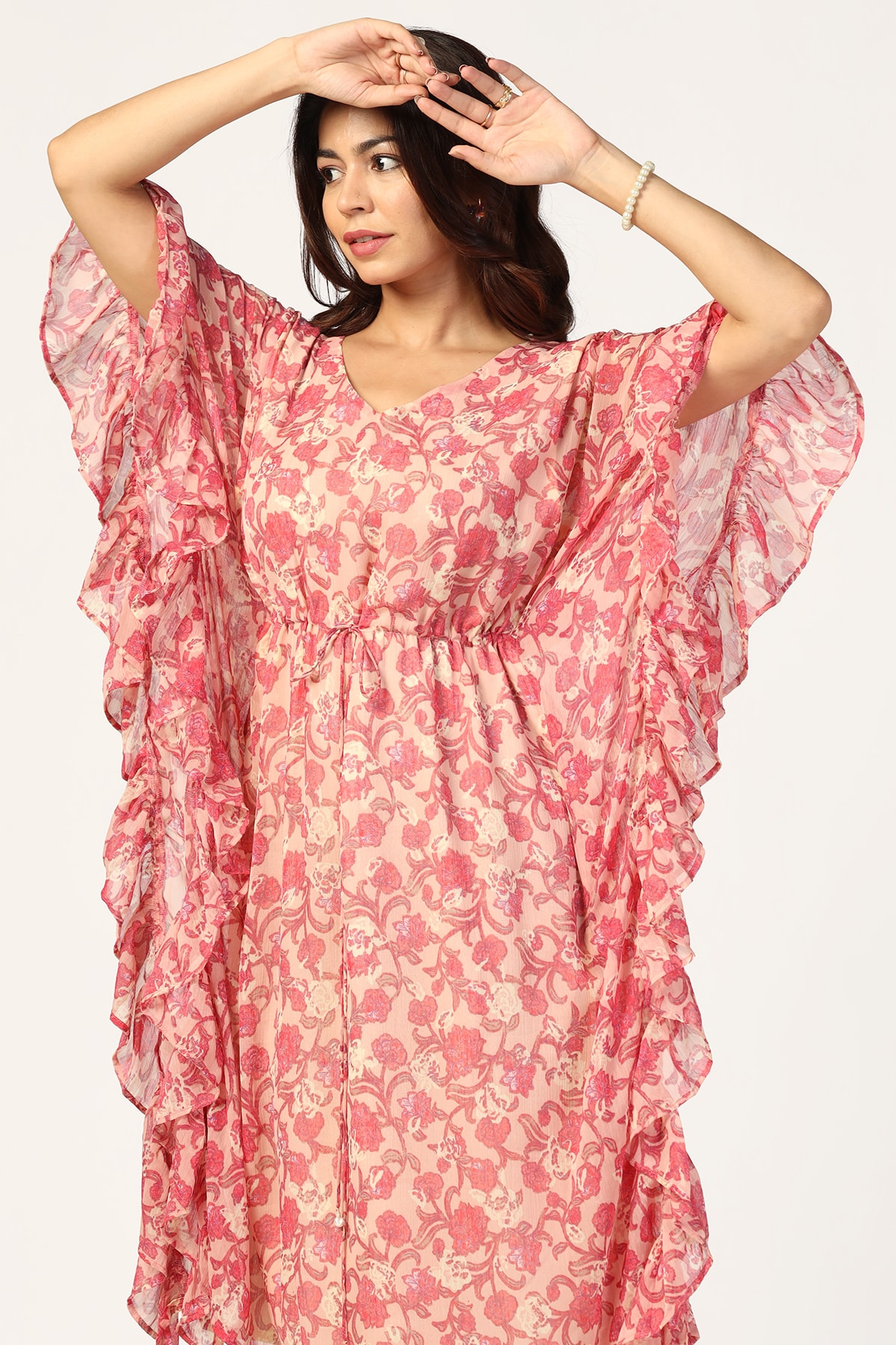 Peach & Pink Printed Chiffon Kaftan - Image 4