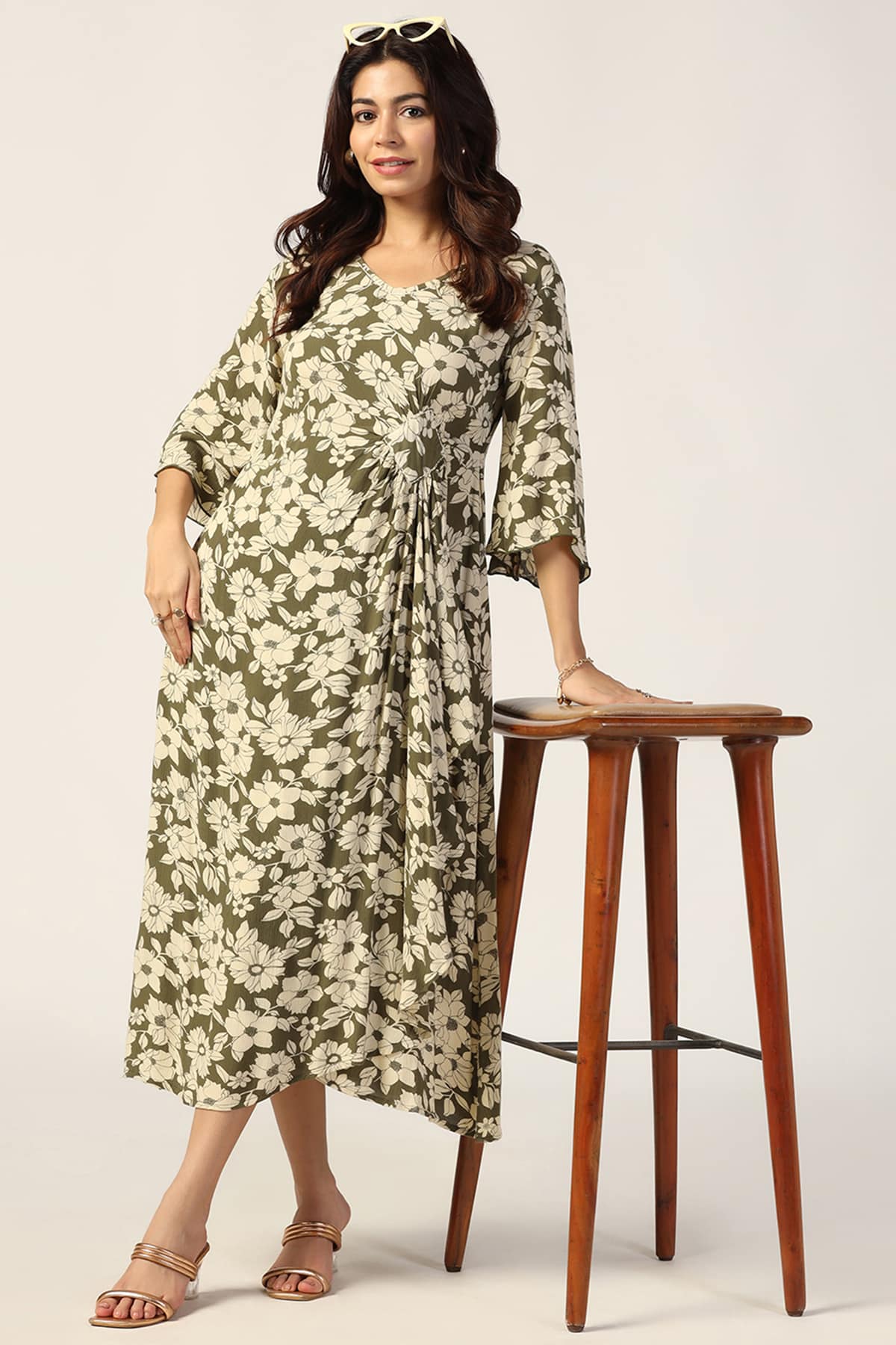 Beige And Olive Green Dress Maxi For Women