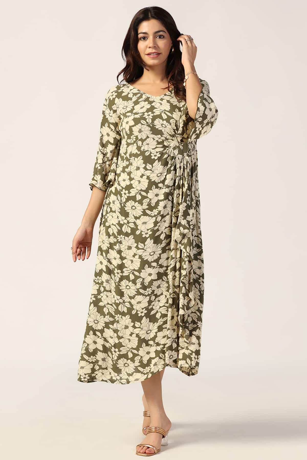 Beige And Olive Green Dress Maxi For Women