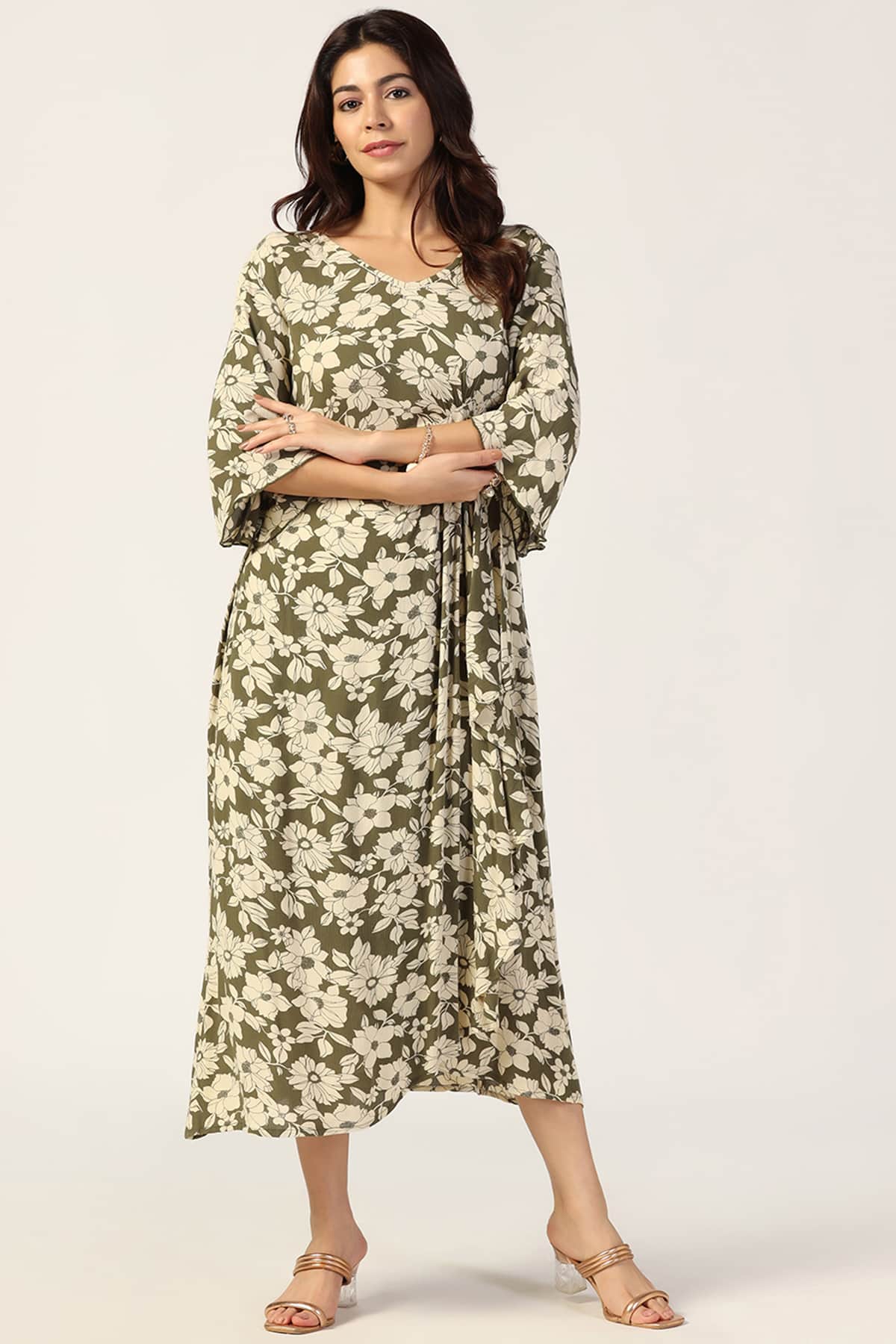 Beige And Olive Green Dress Maxi For Women