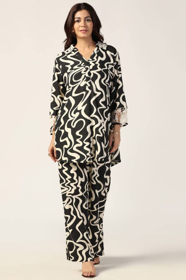 Printed Beige and Black Co Ord Top