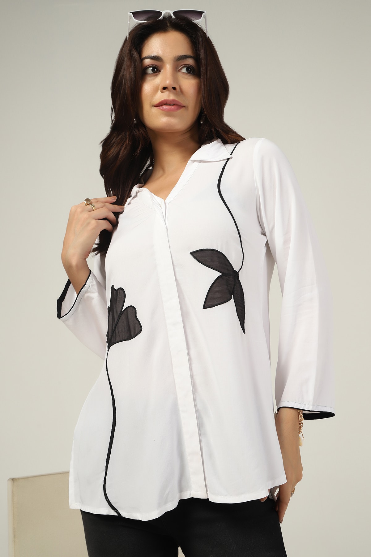 White Embroidered Rayon Modal Tunic - Image 2