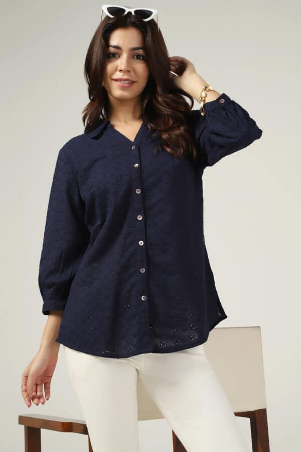 Schiffli Navy Shirt For Women