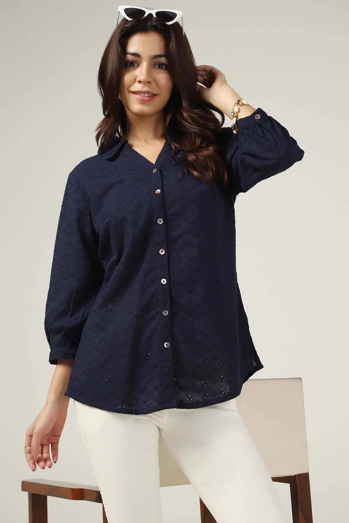 Schiffli Navy Shirt For Women