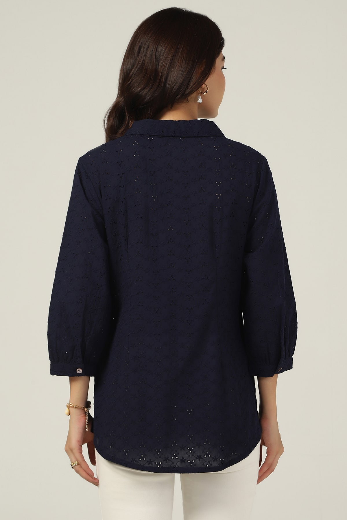 Schiffli Navy Shirt For Women