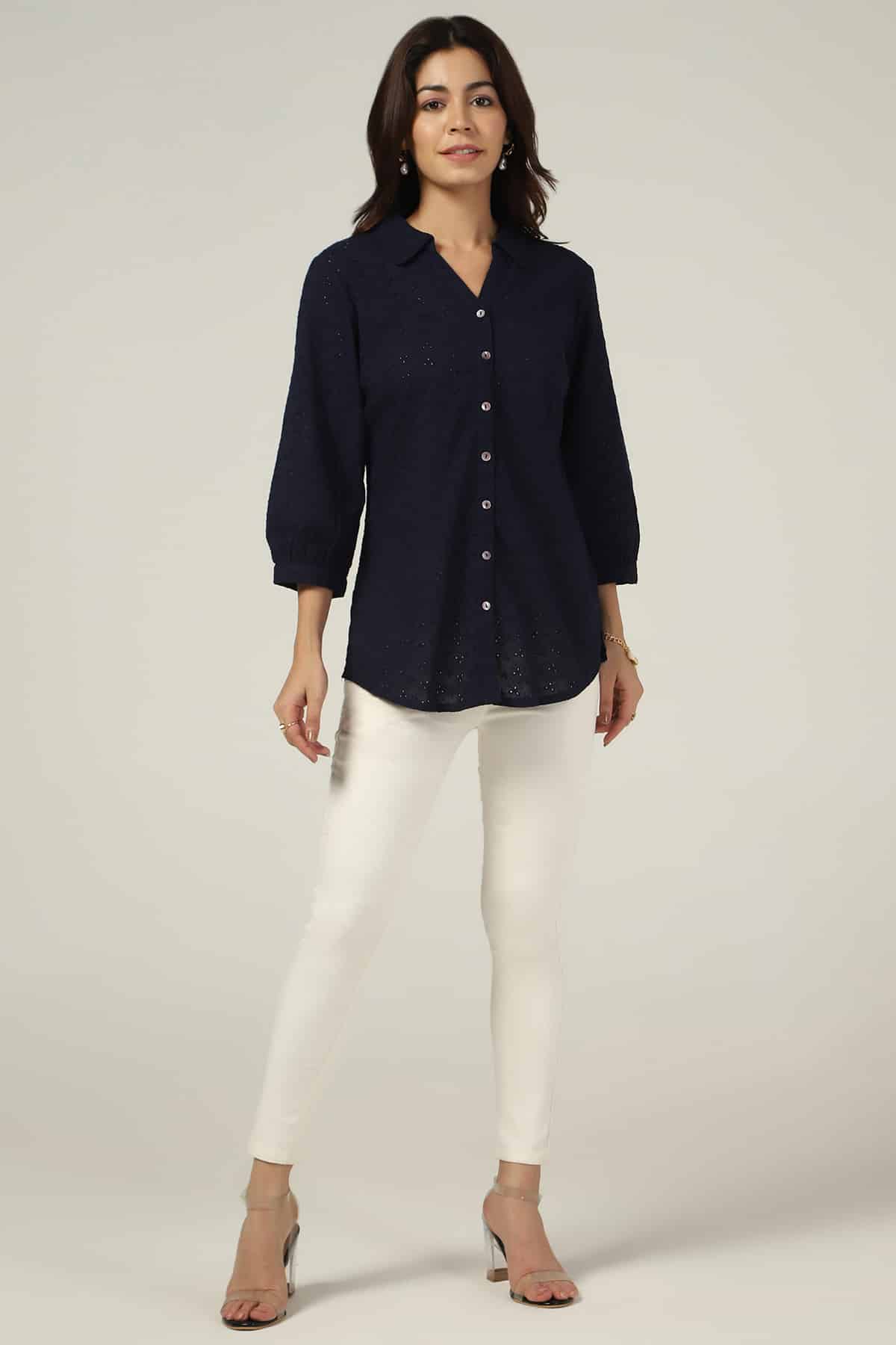 Schiffli Navy Shirt For Women