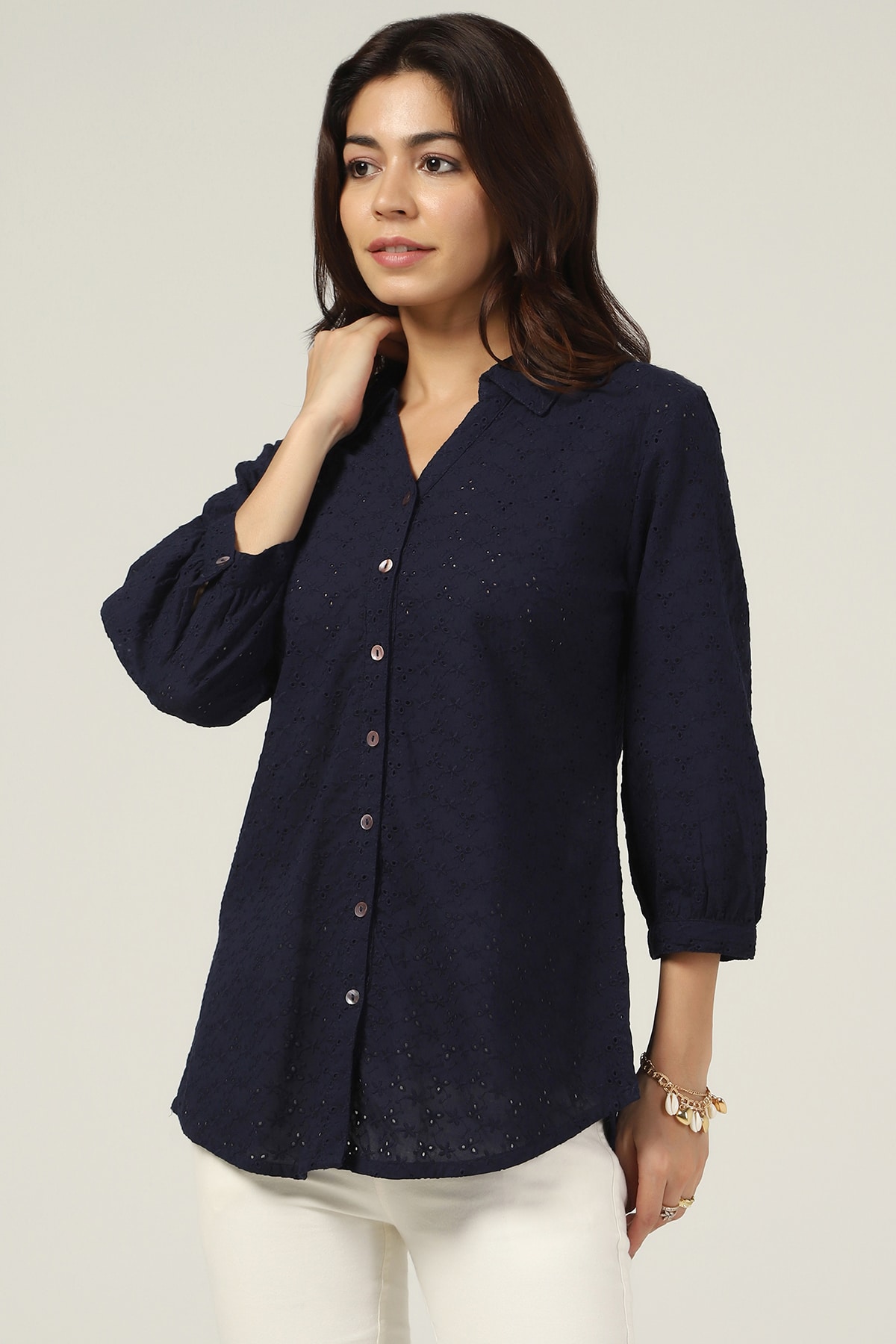 Schiffli Navy Shirt For Women
