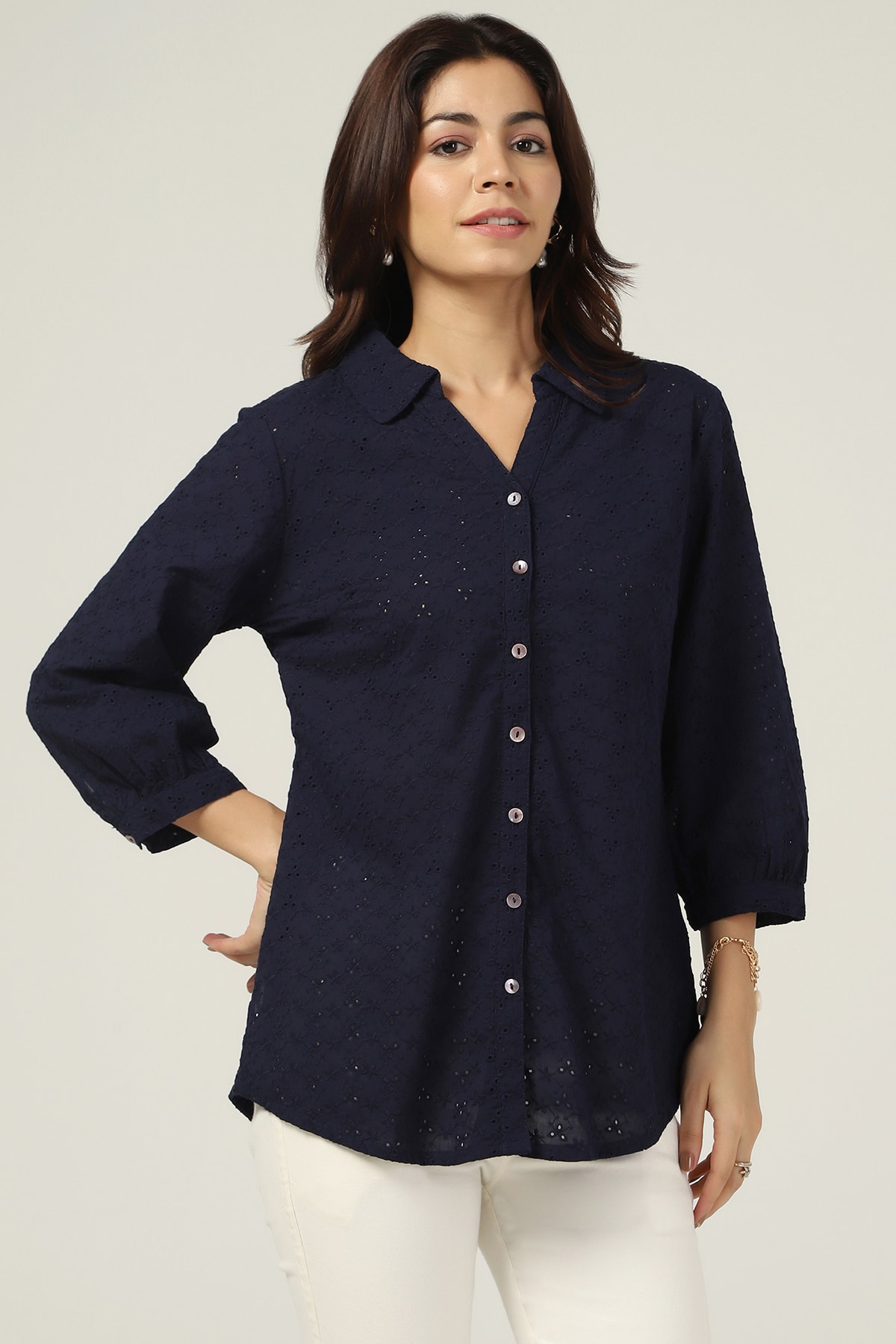 Schiffli Navy Shirt For Women