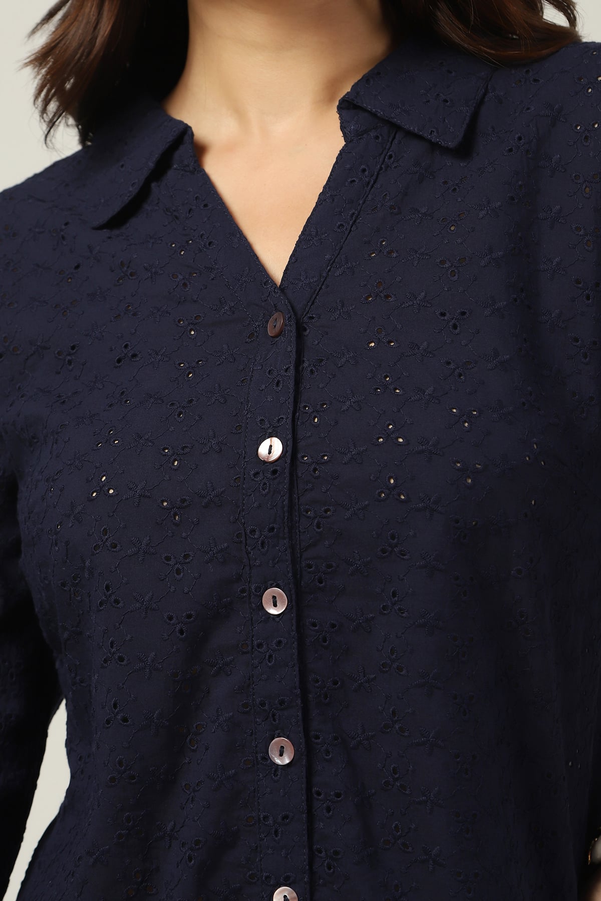 Schiffli Navy Shirt For Women