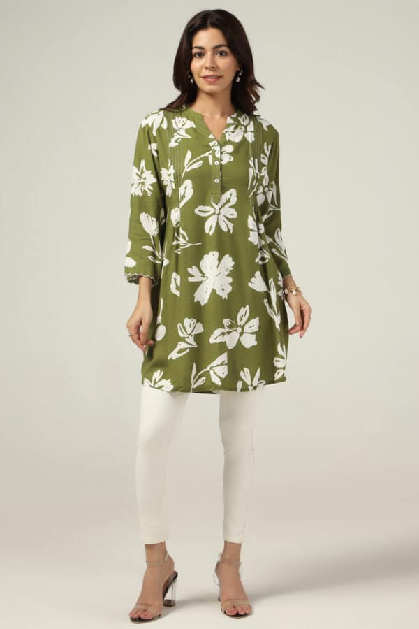 Olive Green Mandarin Collar Top For Women