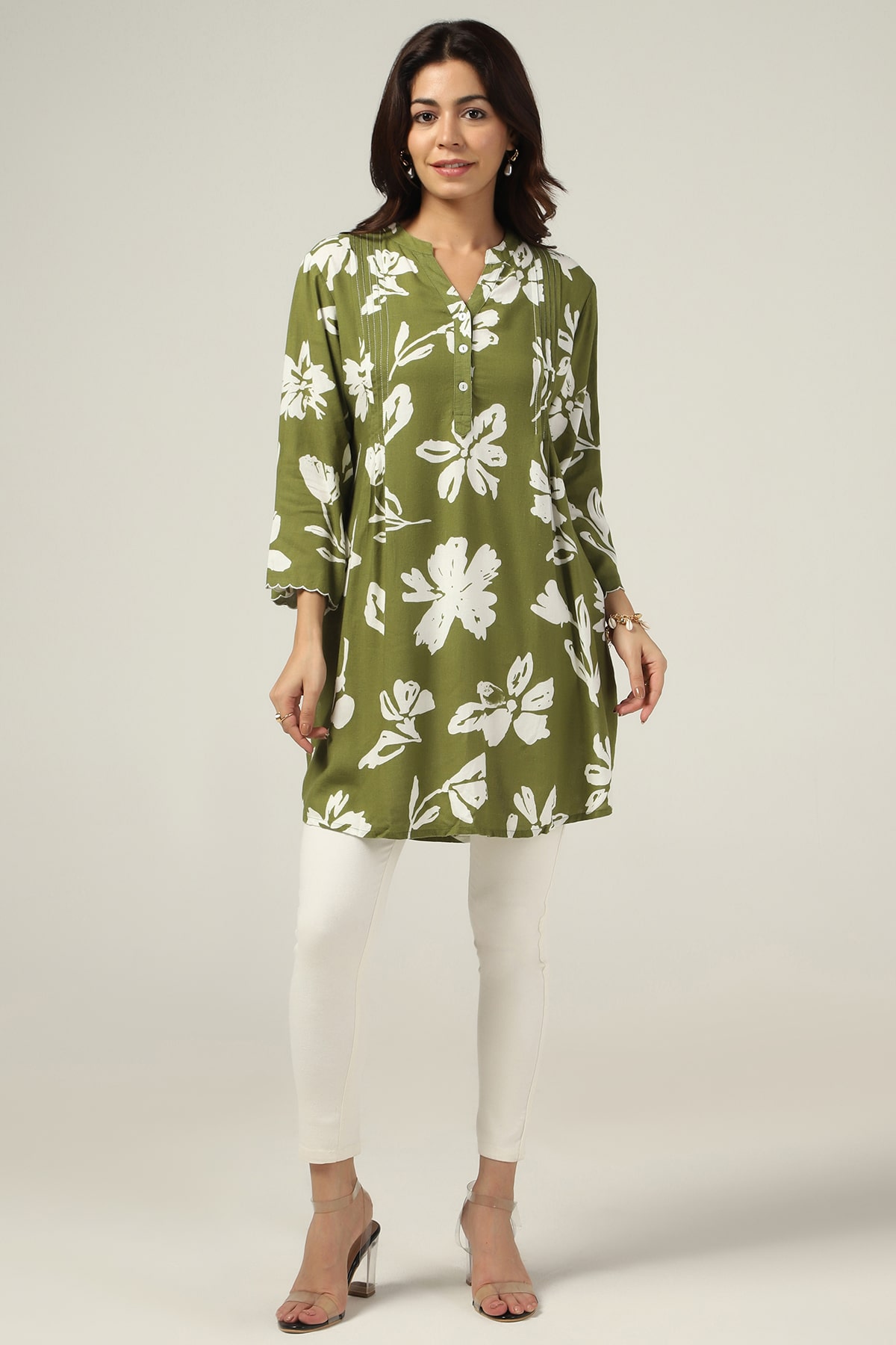 Olive Green Mandarin Collar Top For Women