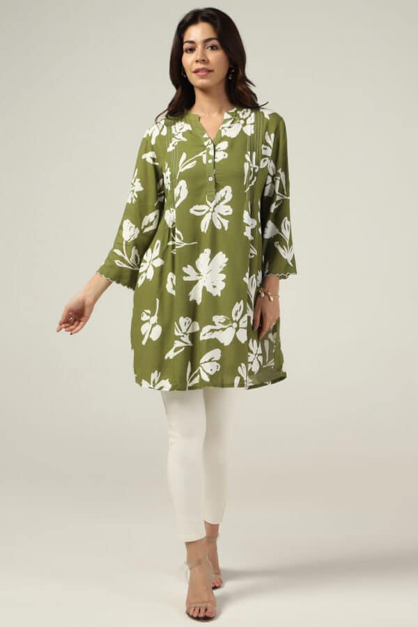 Olive Green Mandarin Collar Top For Women