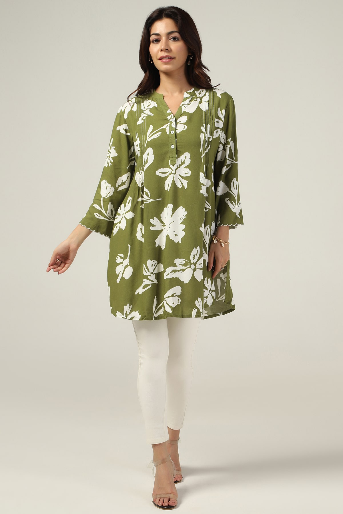Olive Green Mandarin Collar Top For Women