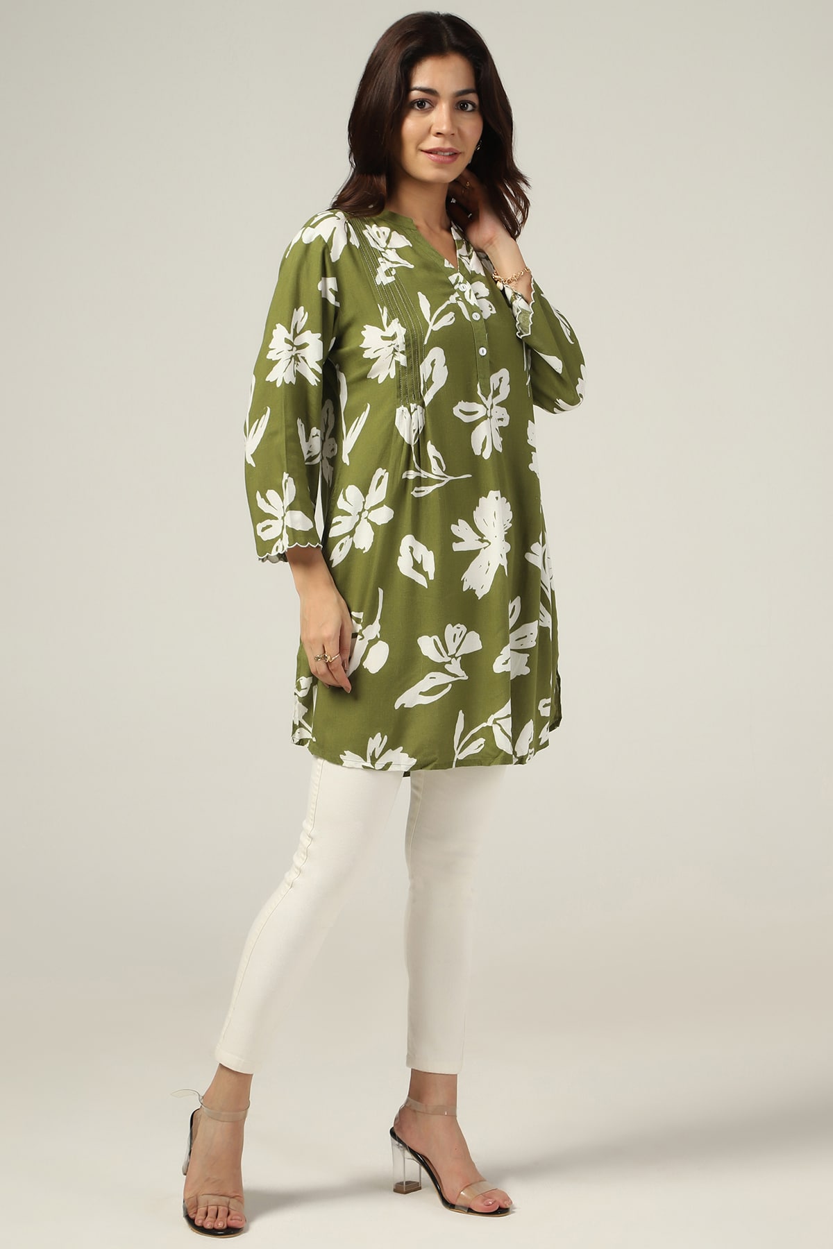 Olive Green Mandarin Collar Top For Women