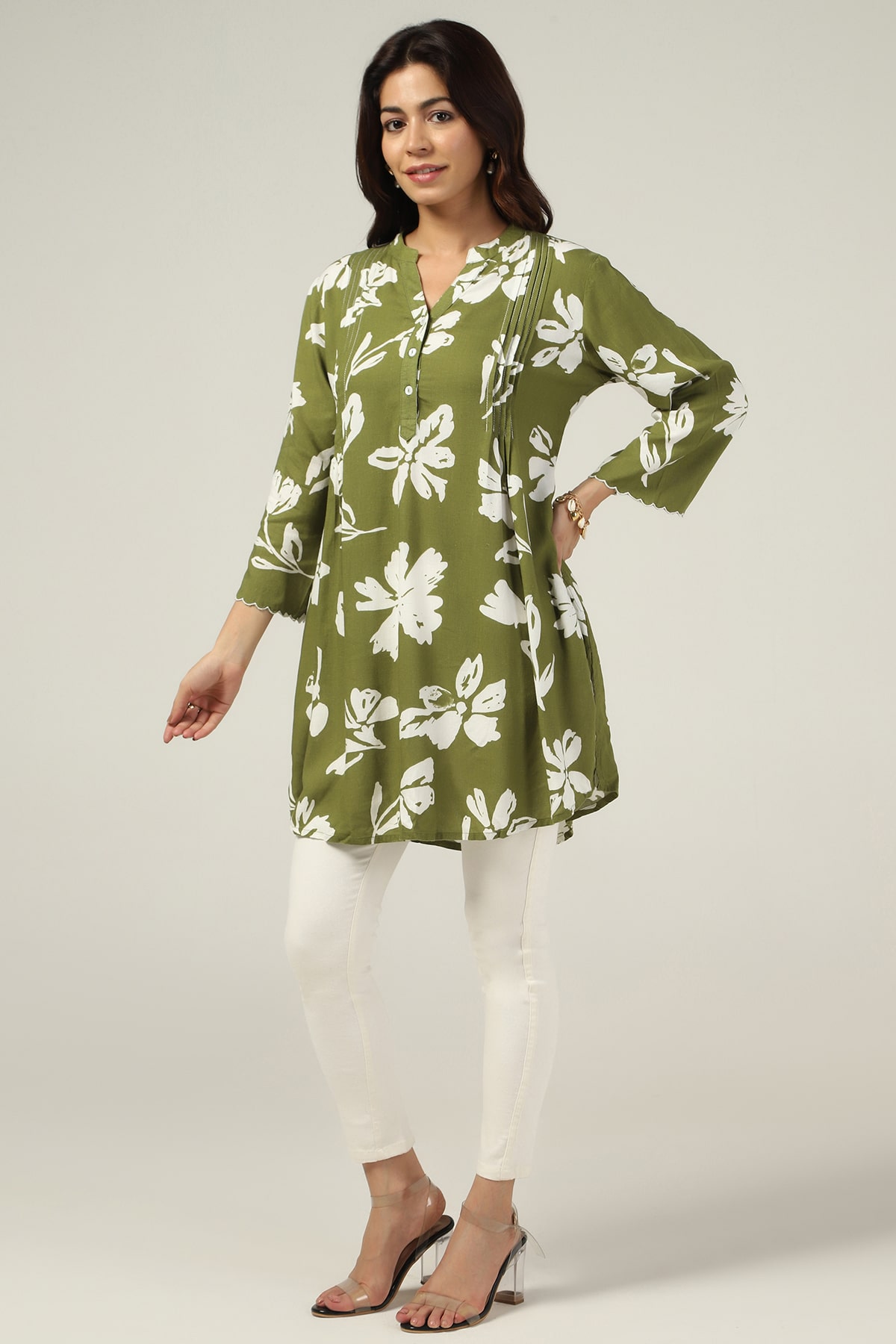 Olive Green Mandarin Collar Top For Women