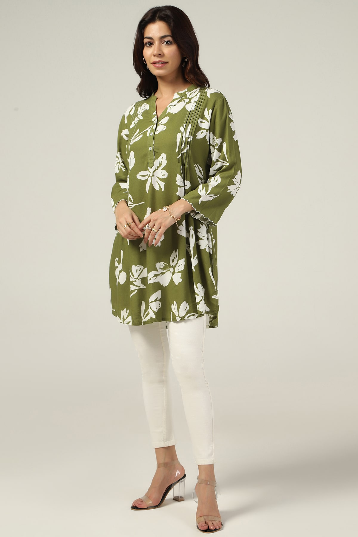 Olive Green Mandarin Collar Top For Women