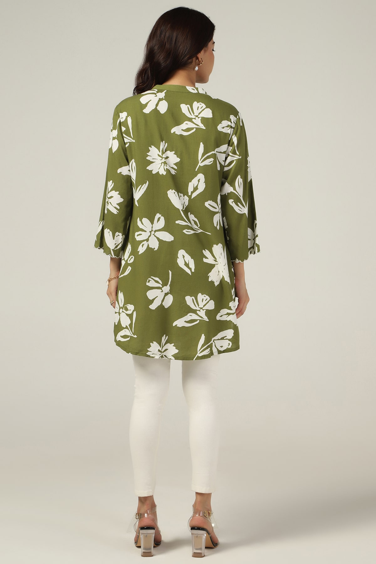 Olive Green Mandarin Collar Top For Women