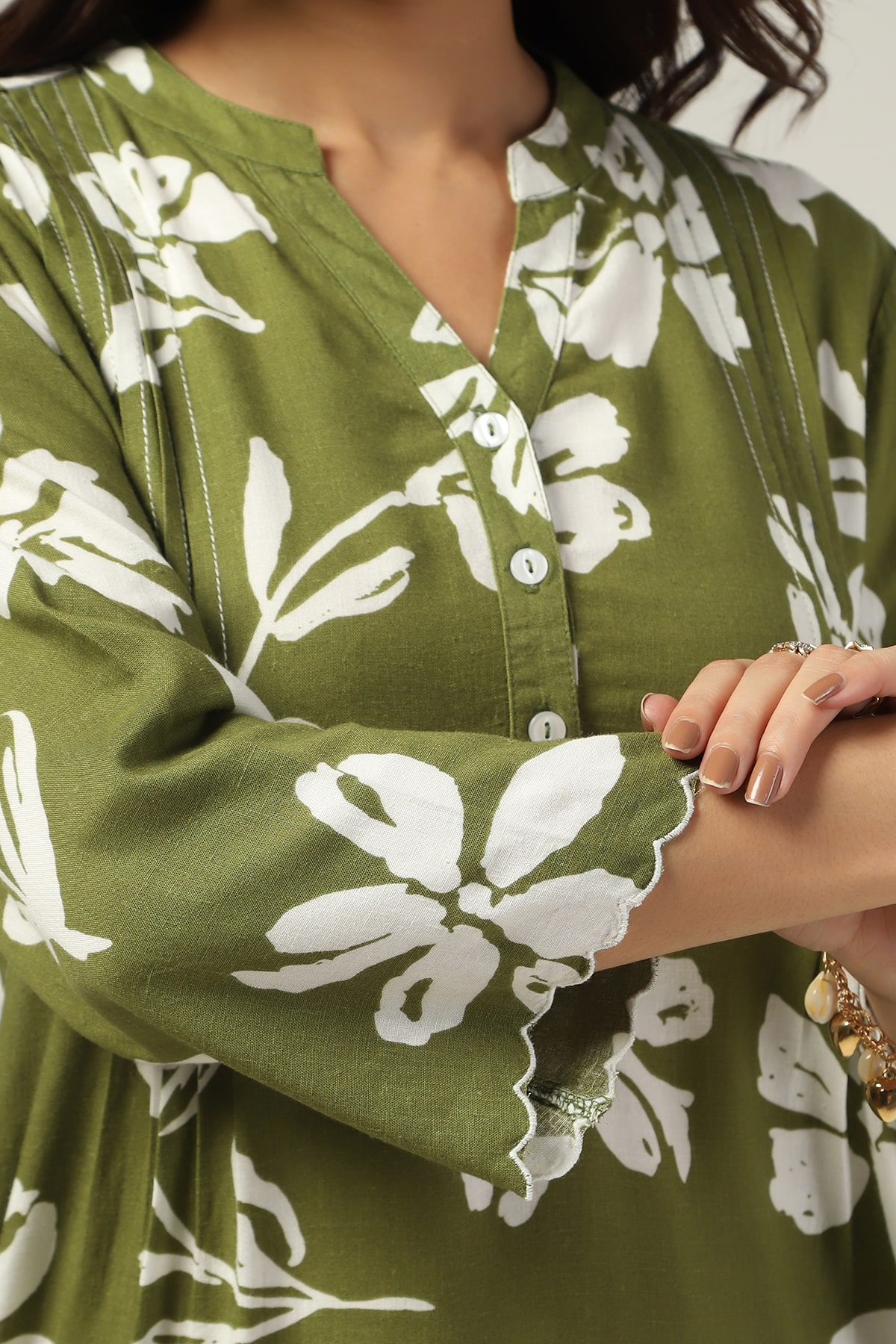 Olive Green Mandarin Collar Top For Women