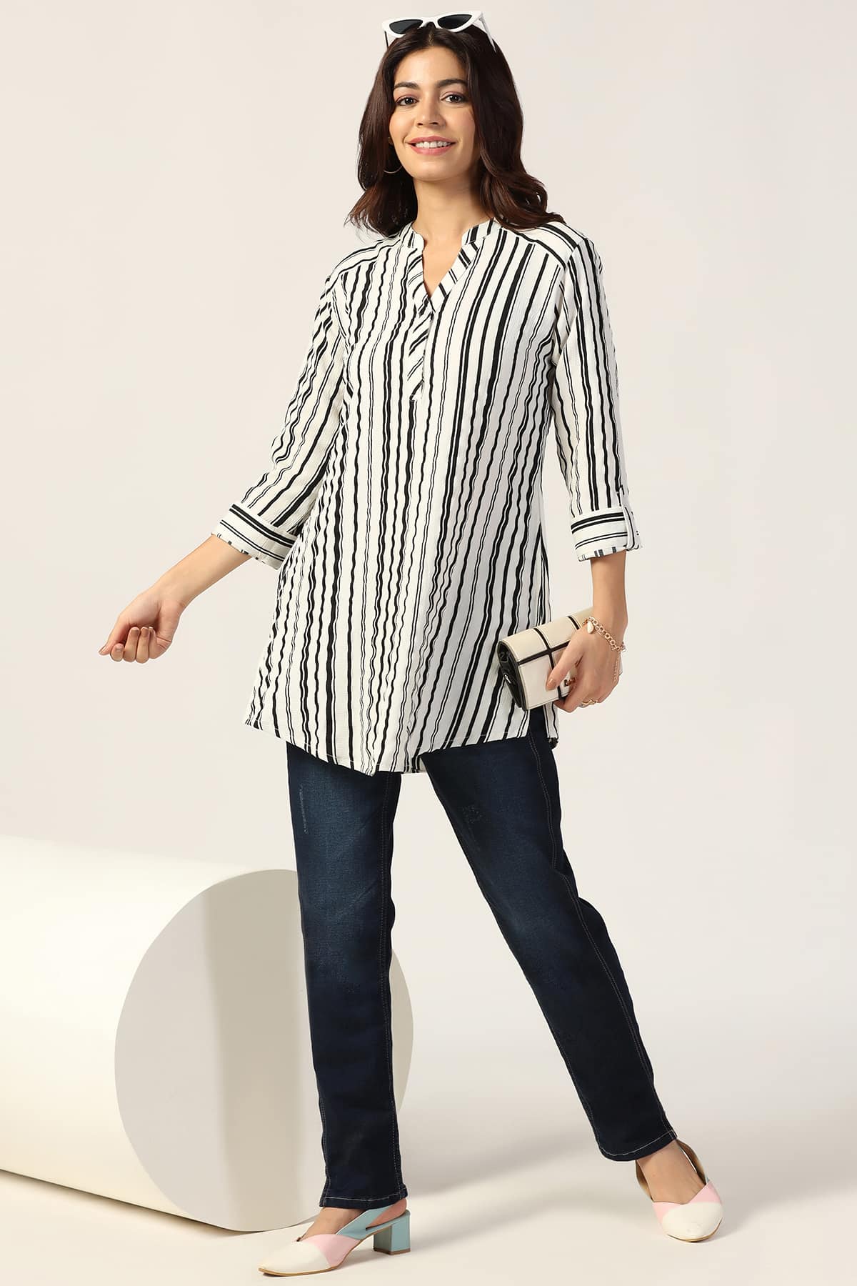 Striped White Tunic For Ladies