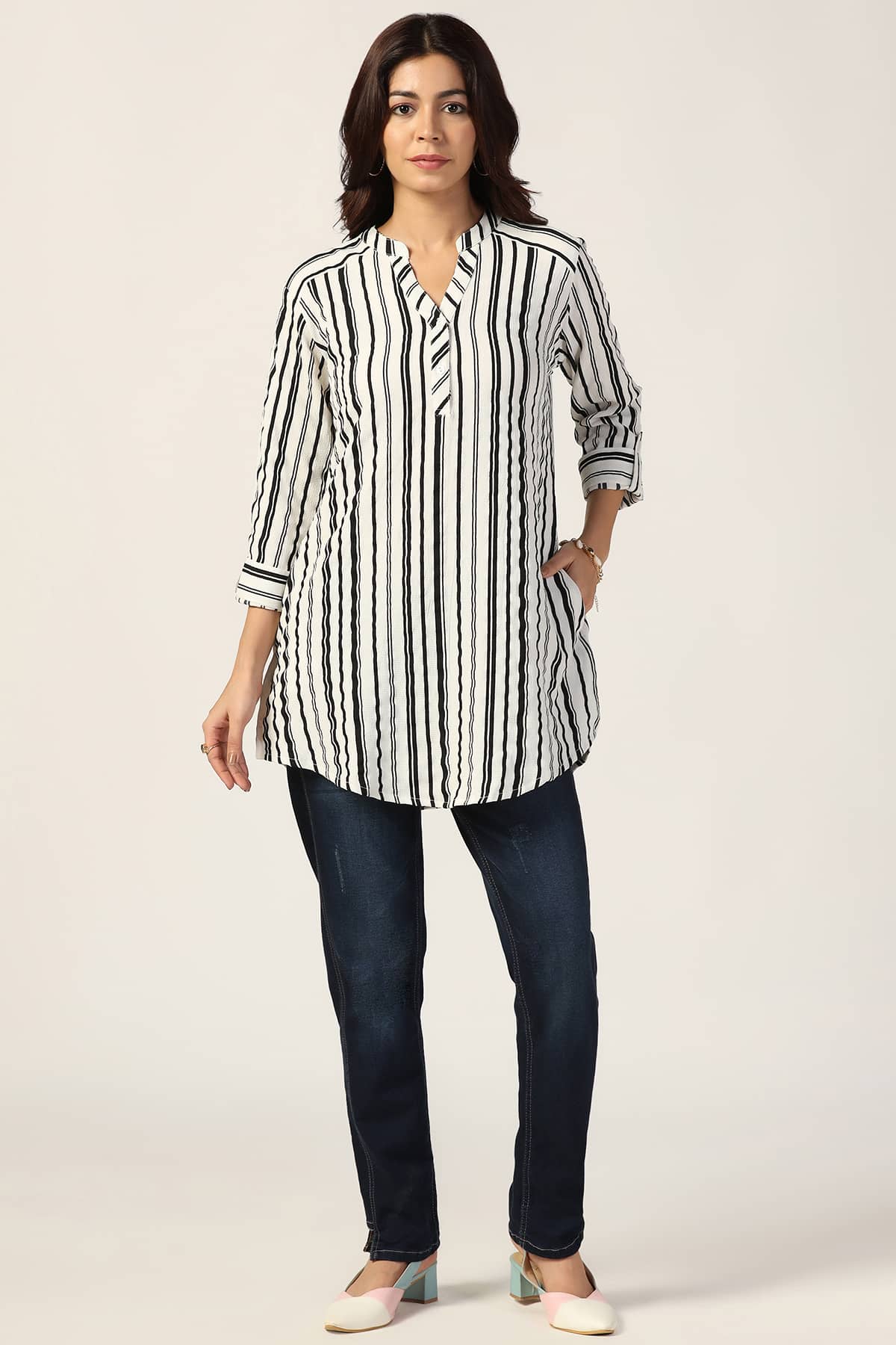 Striped White Tunic For Ladies