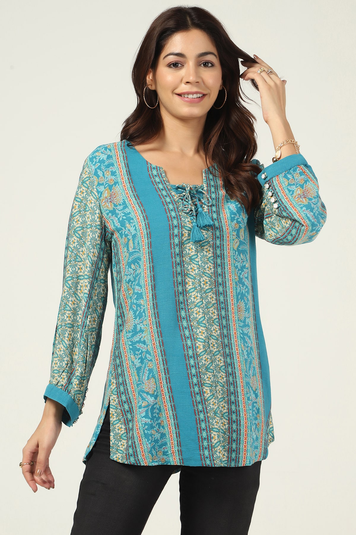 Printed Teal Tops For Women