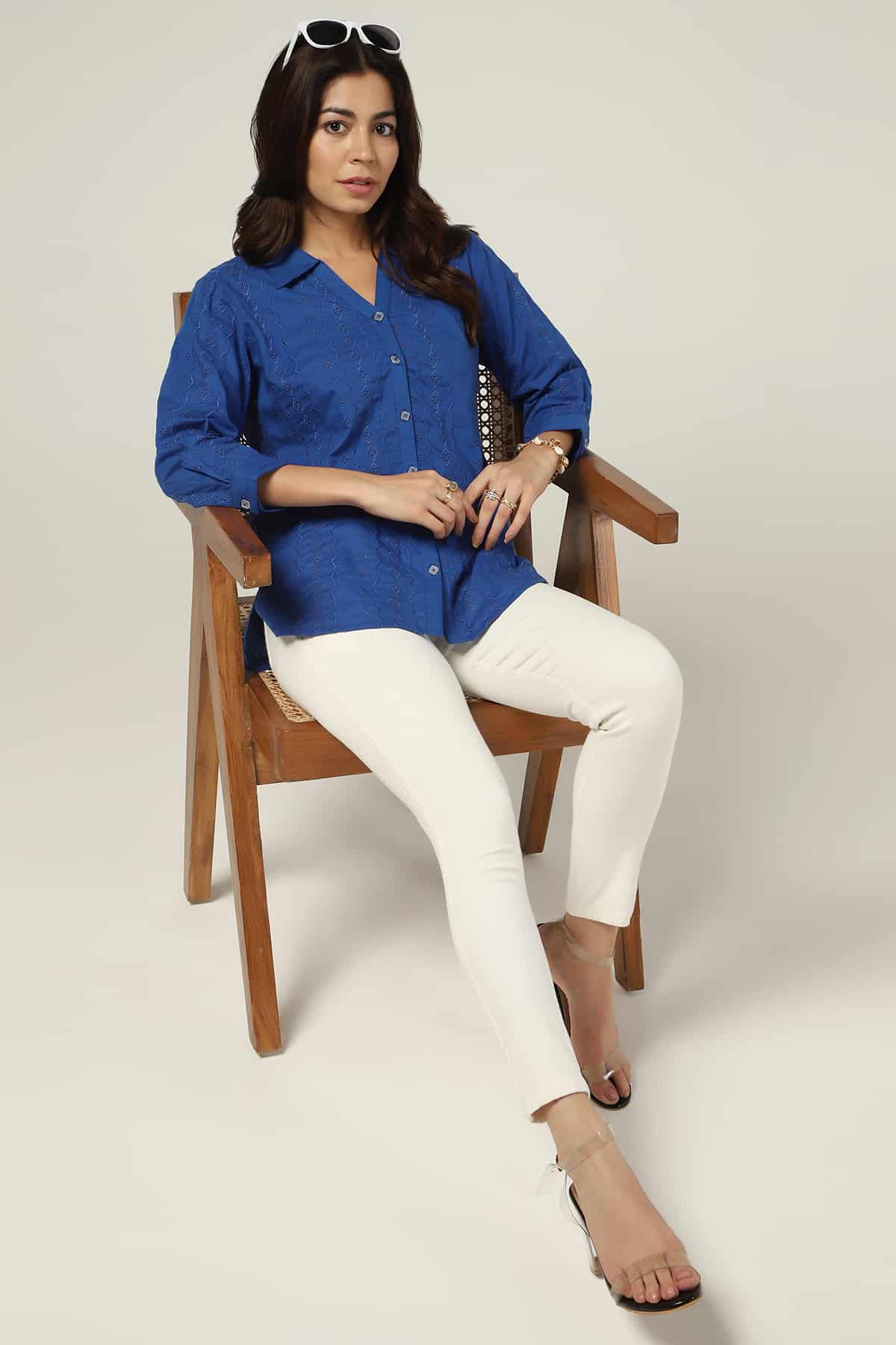 Schiffli Blue Shirt For Women